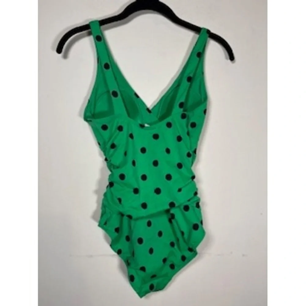 Boden Spot Talamanco Polka Dot One Piece Swimsuit 4 Green Ruched V-Neck Retro